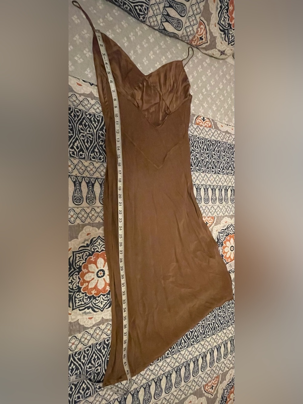 Satin Slip Midi Dress in Olive Brown — Women's - Picture 4 of 8
